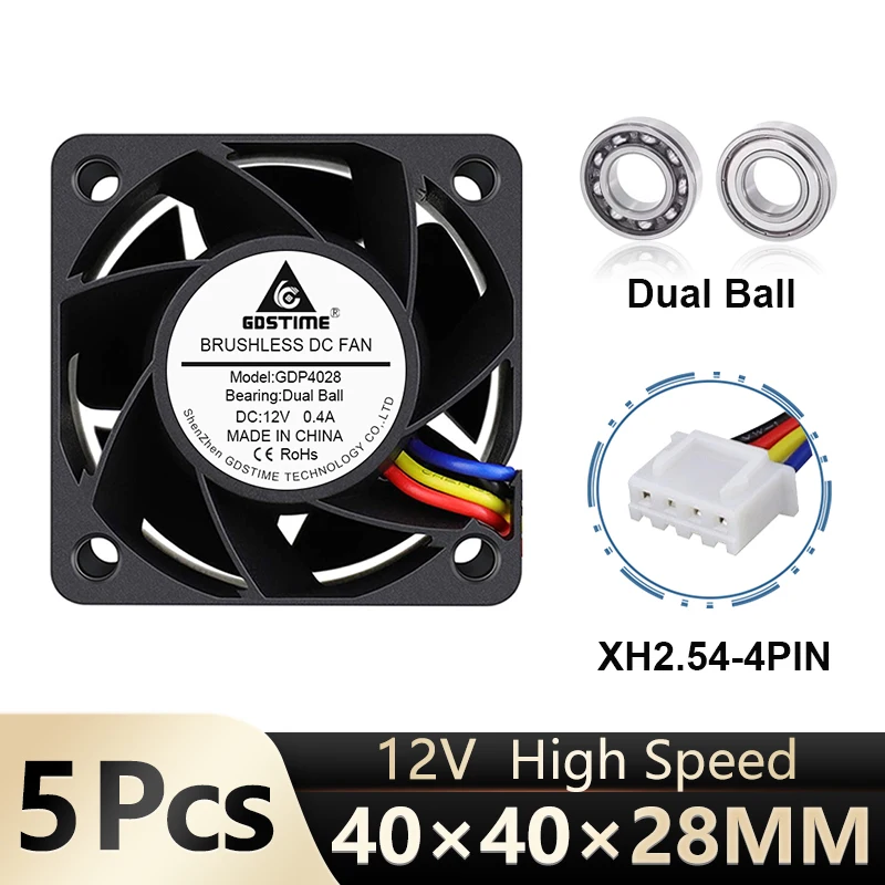 Gdstime-ventilador de refrigeración de alta velocidad de rotación, 5 uds, 40x40x28mm, 4028, 40mm, 4cm, CC, 12V, 4 pines, PWM, gabinetes de bola Dual, 13000RPM