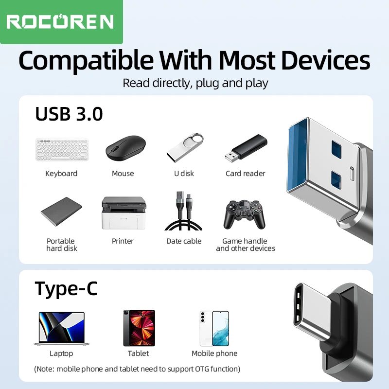 Rocoren-Adaptador USB tipo C macho A USB 3,0 hembra, convertidor para MacBook, Samsung S22, S20, Android, tipo C, USBC, conector OTG - imagen 3