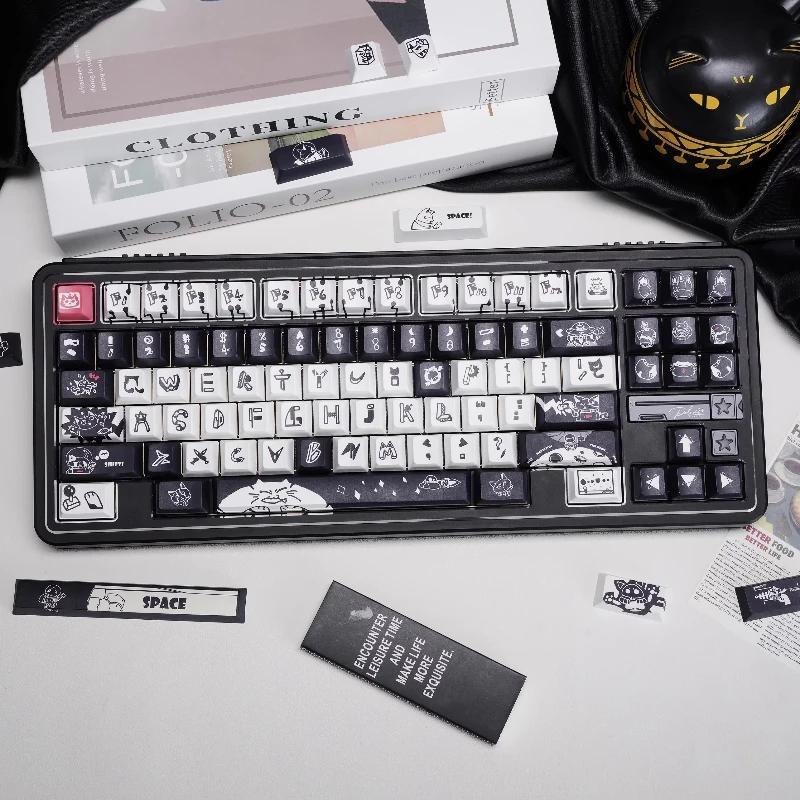 Teclas originales Sky Meow Kawaii Cherry Profile PBT para teclado mecánico, tapa de tecla personalizada con personalidad en blanco y negro