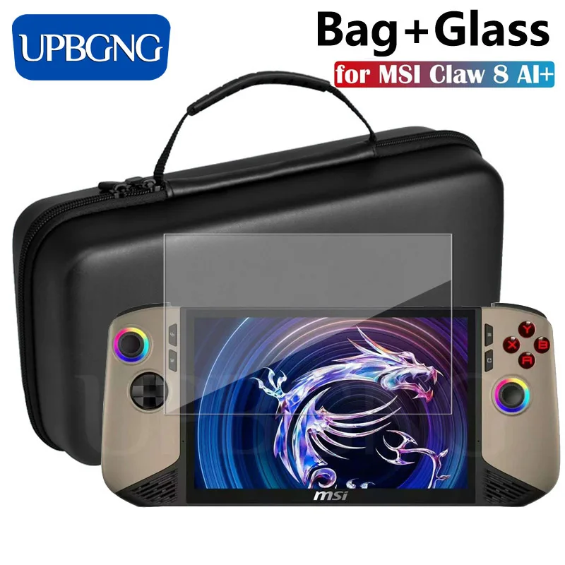 Vidrio + bolsa para Claw 8 AI + 2025 Protector de pantalla película de vidrio templado EVA funda portátil para MSI Claw 8 AI + accesorios protectores