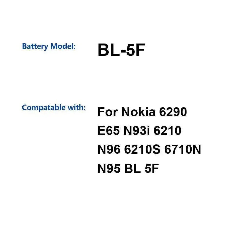 BL-5F buen rendimiento de baja temperatura 950Mah batería de teléfono móvil para Nokia 6290 E65 N93i 6210 N96 6210S 6710N N95