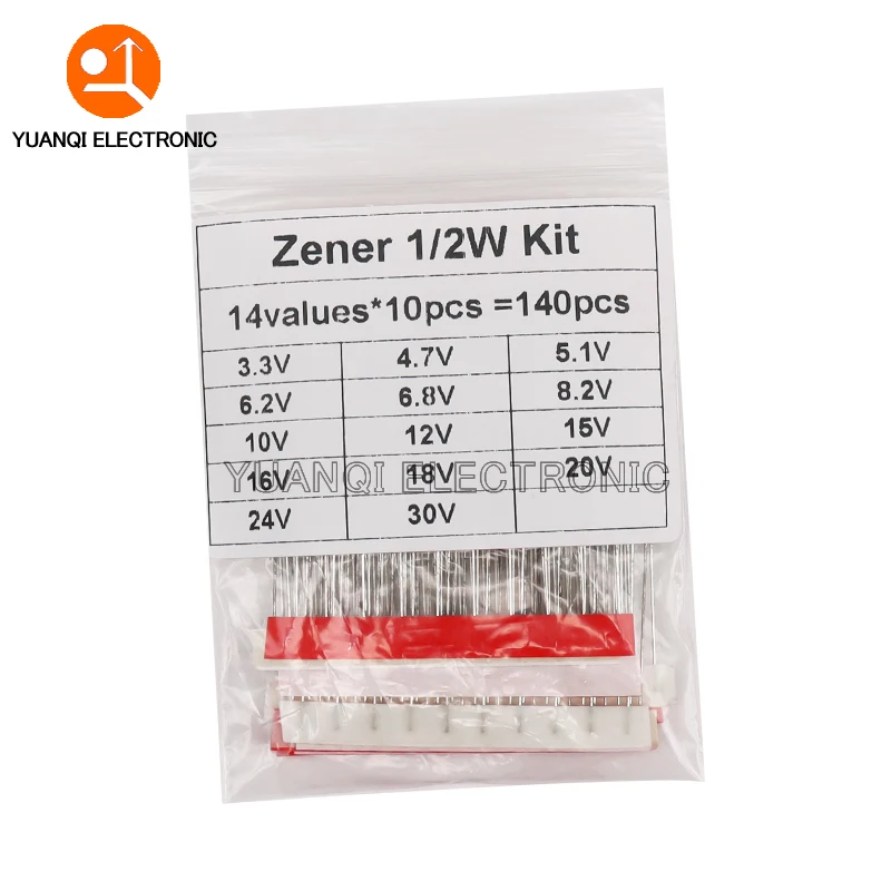 Kit surtido de diodos Zener, 140 piezas, 1/2W, 0,5 W, 3,3 V-30V, 14 valores x 10 piezas = 140 piezas, serie BZX55C, juego de bricolaje