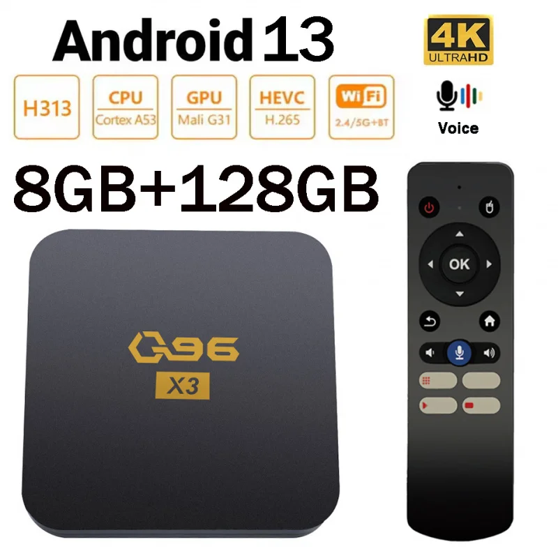 Q96X3 ATV Smart TV Box 4K HD 8GB 128GB All Winner H313 Quad Core Android 13BT5.2 WIFI 4G 5G Control remoto por voz Set Top Box iptv