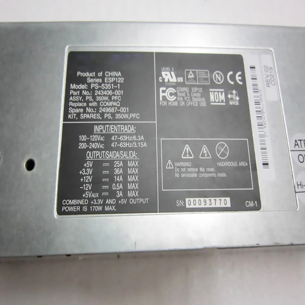 PS-5351-1 para fuente de alimentación del servidor HP ML350G2 249687 -001 243406 -001 ESP122 350W - imagen 3