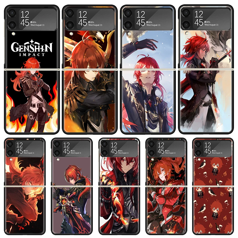 Genshin Impact Diluc-fundas de teléfono negras para Samsung Z Flip 7, 6, 5, 4, 3, galaxia de lujo ZFlip7 ZFlip6 Flip5 Flip4 Flip3, funda Z