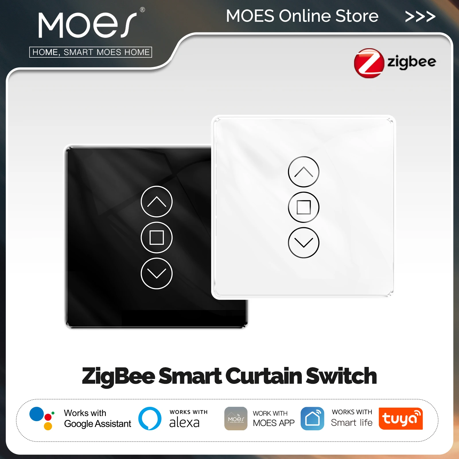 MOES Tuya ZigBee interruptor de cortina inteligente 2.5D soporte RF433 Arco Panel táctil de vidrio aplicación remota Control funciona con Alexa Google Home