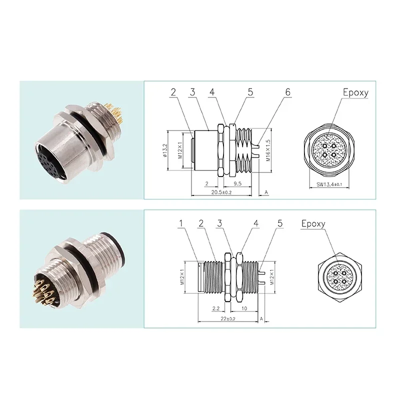 Conector de brida frontal/trasera de Panel M12 resistente al agua 2 3 4 5 6 8 12 17 pines enchufe soldadura PG9 M16 macho hembra enchufe tipo B/D - imagen 3