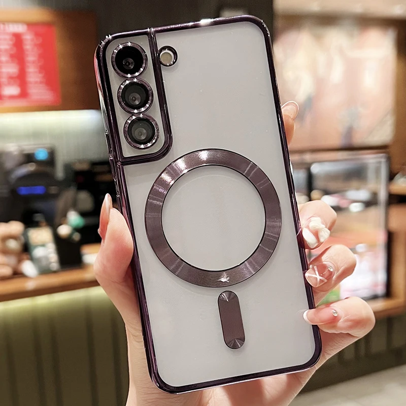 Funda magnética transparente de lujo para carga inalámbrica Magsafe, cubierta de silicona para Samsung Galaxy S20, S21, S22, S23, S24 Ultra Plus