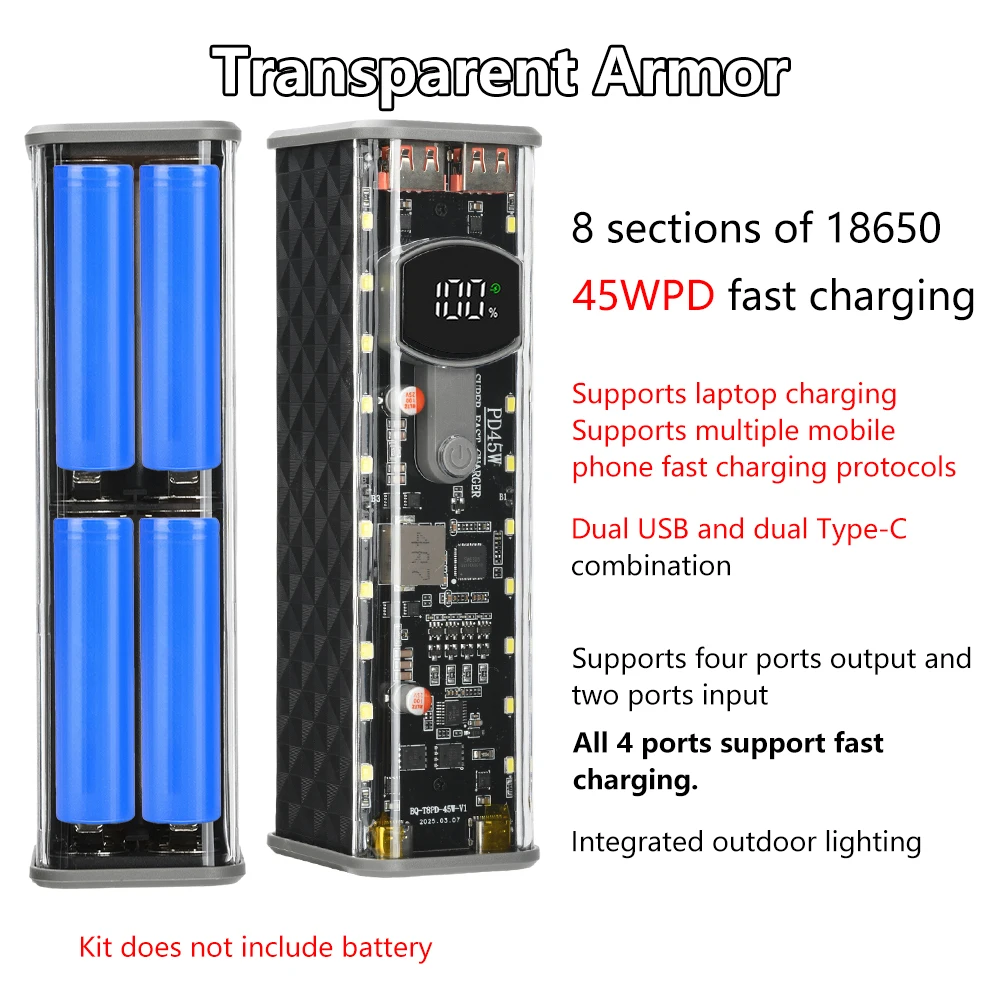Caja de batería sin soldadura 8x18650 PD45W carcasa de banco de energía de carga súper rápida con luz exterior integrada - imagen 3