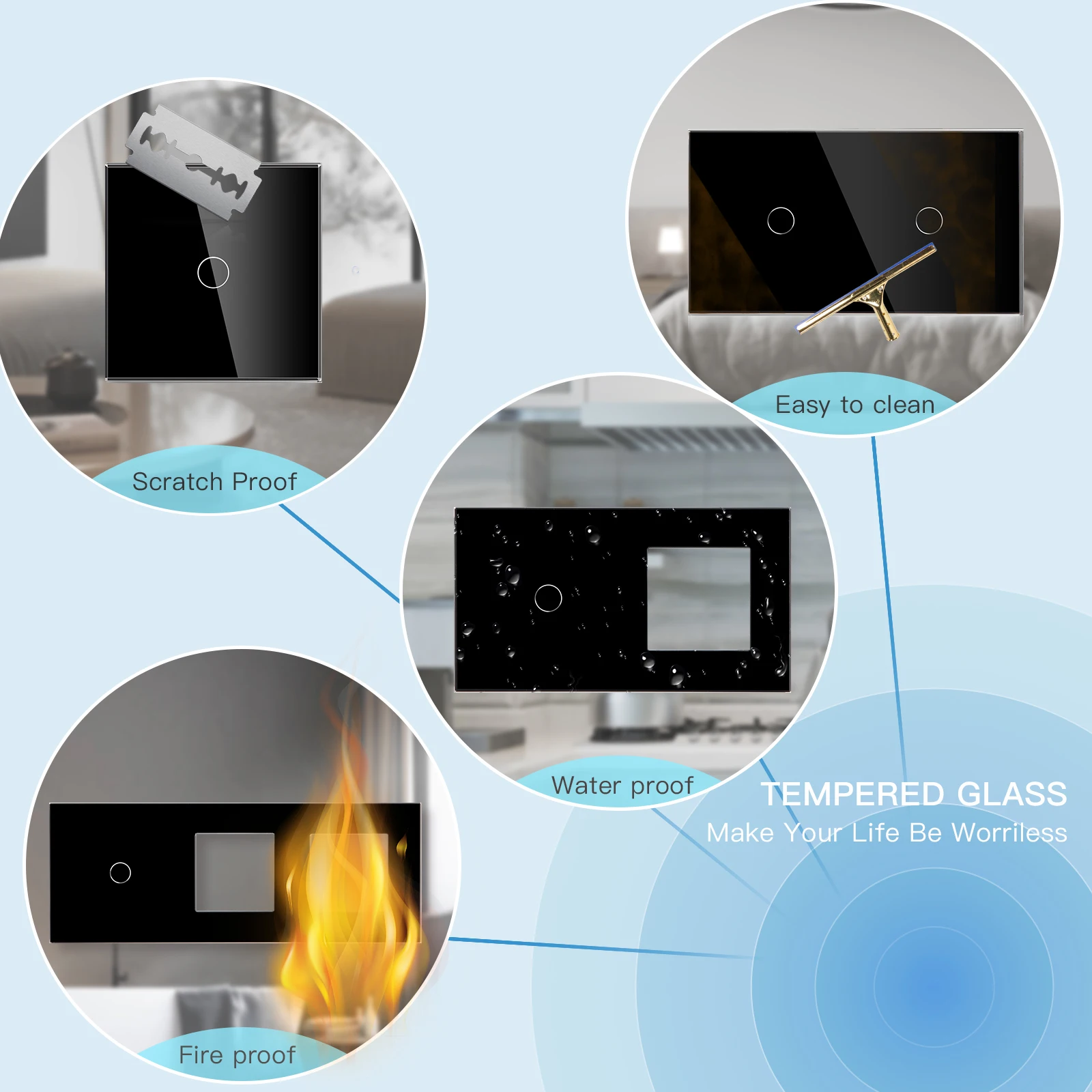 BSEED 1/2/3Gang Interruptor táctil de pared interruptores de luz doble 1Way Plus enchufes USB tipo c Panel de vidrio estándar de la UE retroiluminación azul 10A - imagen 5