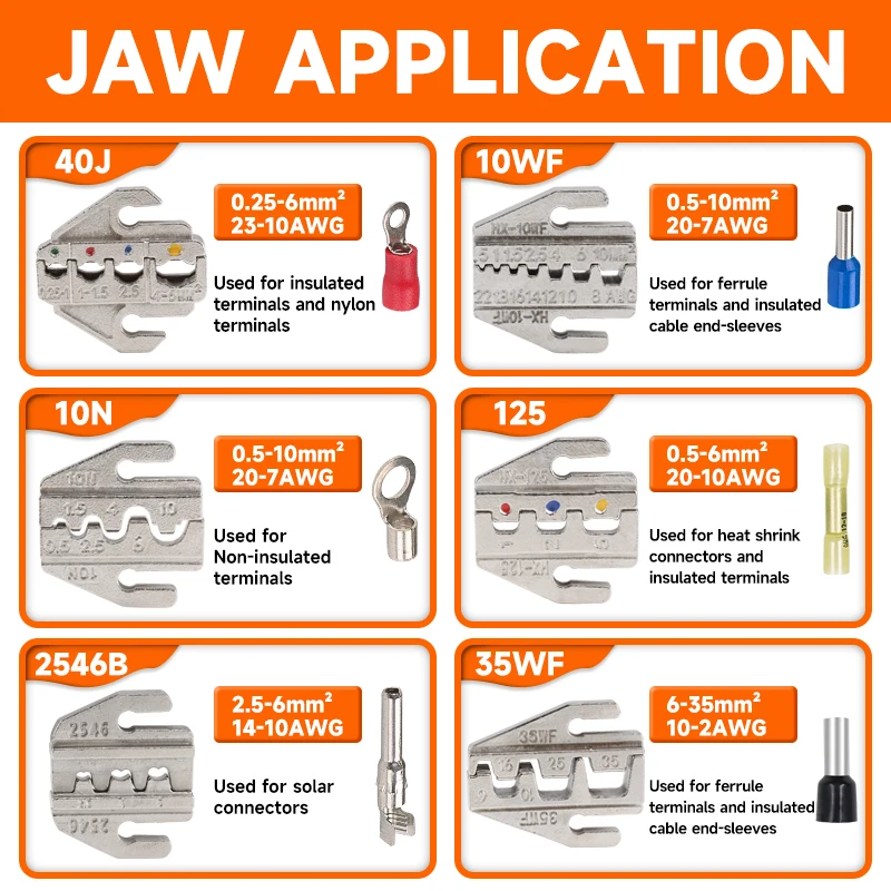 9 unids/set herramientas de prensado alicates de HX-03B con 6 mandíbulas para termorretráctil/barril abierto/virolas aisladas/no aisladas/terminales solares - imagen 4