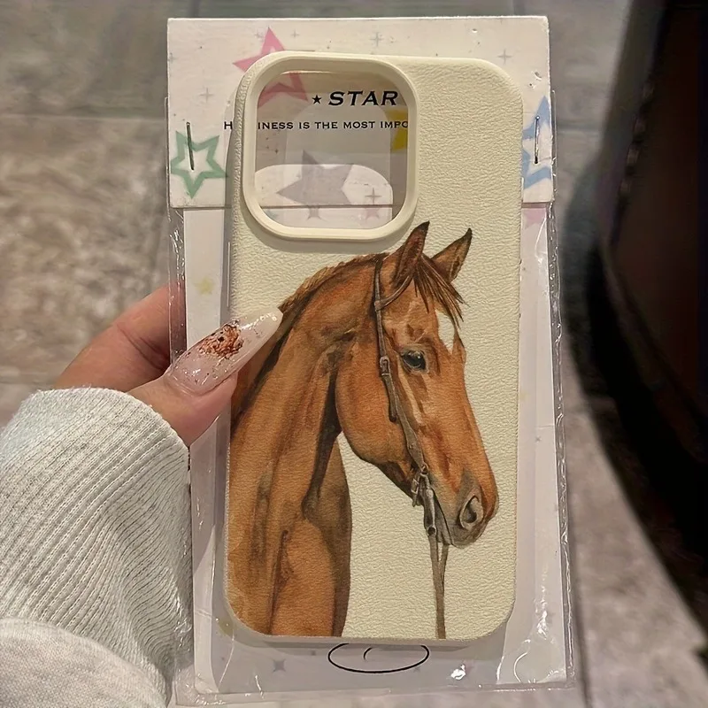 Funda de teléfono con textura de lichi y patrón de caballo marrón para iPhone 17 Pro Max 11 12 13 14 15 16 17 Air 15 14 Plus X XS XR 16E, funda suave
