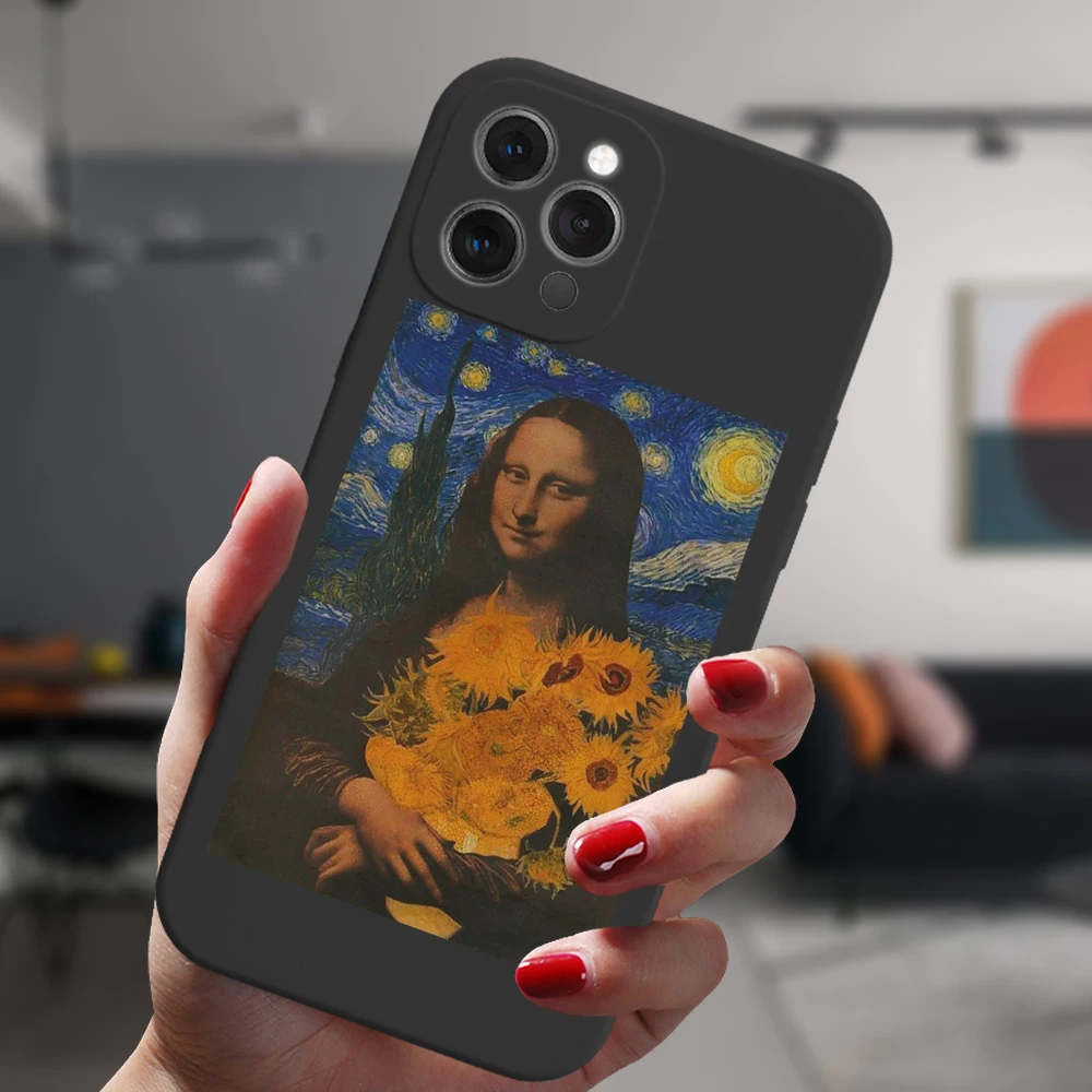 Funda de silicona suave con estampado de Mona Lisa para iPhone, carcasa negra con estampado Popular de Fuuny, para modelos 13, 12, 11, 14 Pro Max, Mini, XS, XR, 14Plus - imagen 5