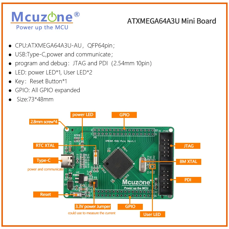 Mini placa ATxmega64A3U, programa USB PDI JTAG, XMEGA64A3 U 64A3U, AVR ATMEL MICROCHIP 7UART - imagen 3