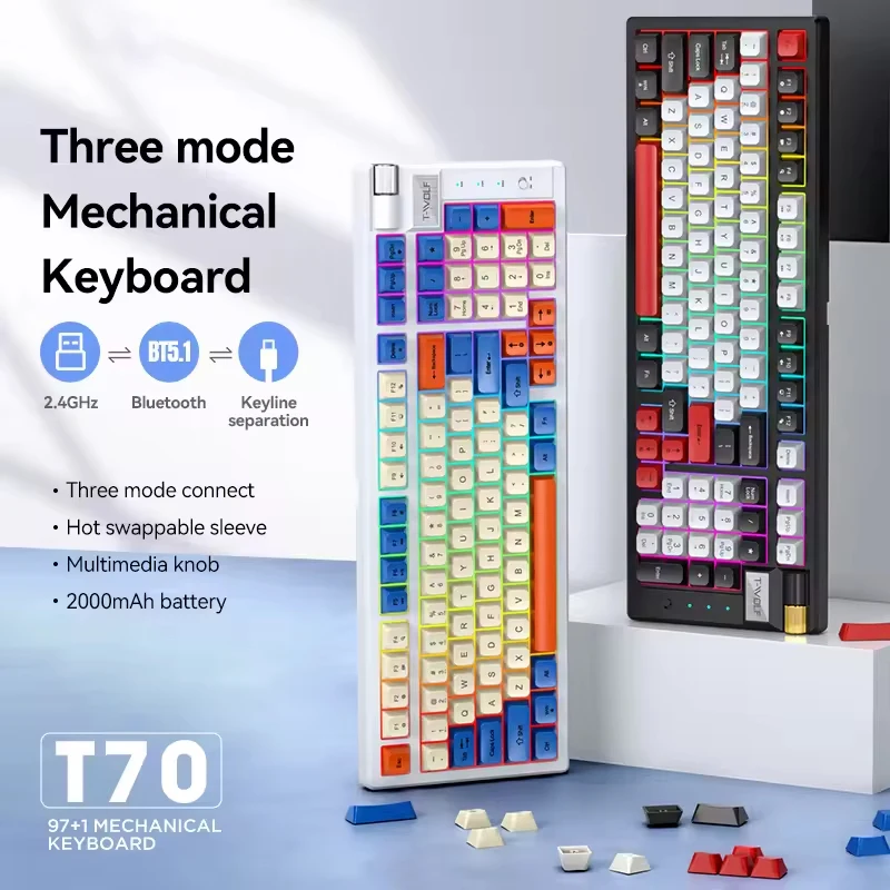 Teclado mecánico ergonómico para ordenador Bluetooth, teclado mecánico RGB de 97 teclas intercambiable en caliente, inalámbrico, recargable, para juegos y PC - imagen 2
