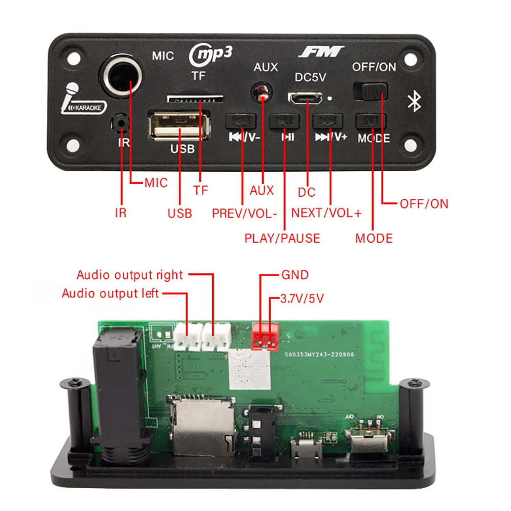 Placa decodificadora de MP3 con Bluetooth, amplificador de 6W, reproductor de música manos libres, módulo de Radio FM para coche, TF, USB, micrófono de 3,5mm, CC de 5V - imagen 3