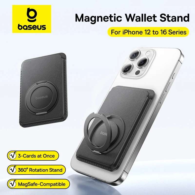 Baseus Soporte tipo billetera magnético para iPhone 17 16 Pro Max 17 Air MagSafe Funda para teléfono Ranura para 3 tarjetas Cuero PU 360 °   Estuche con soporte giratorio - imagen 2