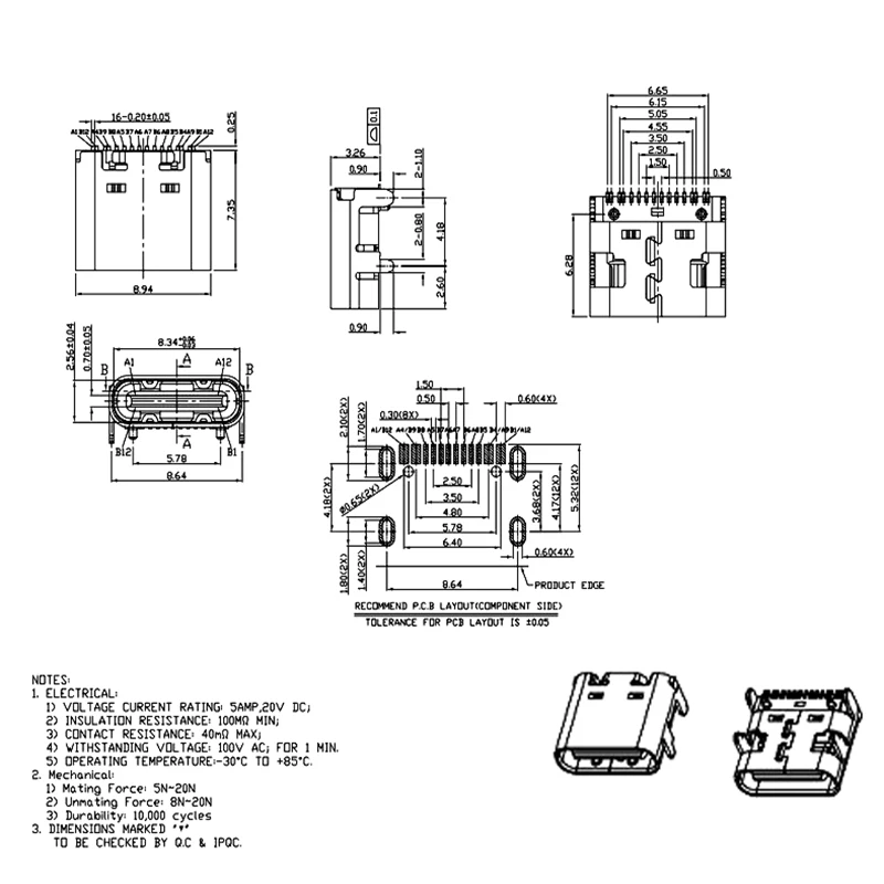 1/5/10 Uds. Conector de enchufe SMT de 16 pines Micro USB tipo C 3,1 colocación hembra SMD DIP para diseño de PCB DIY carga de alta corriente - imagen 5