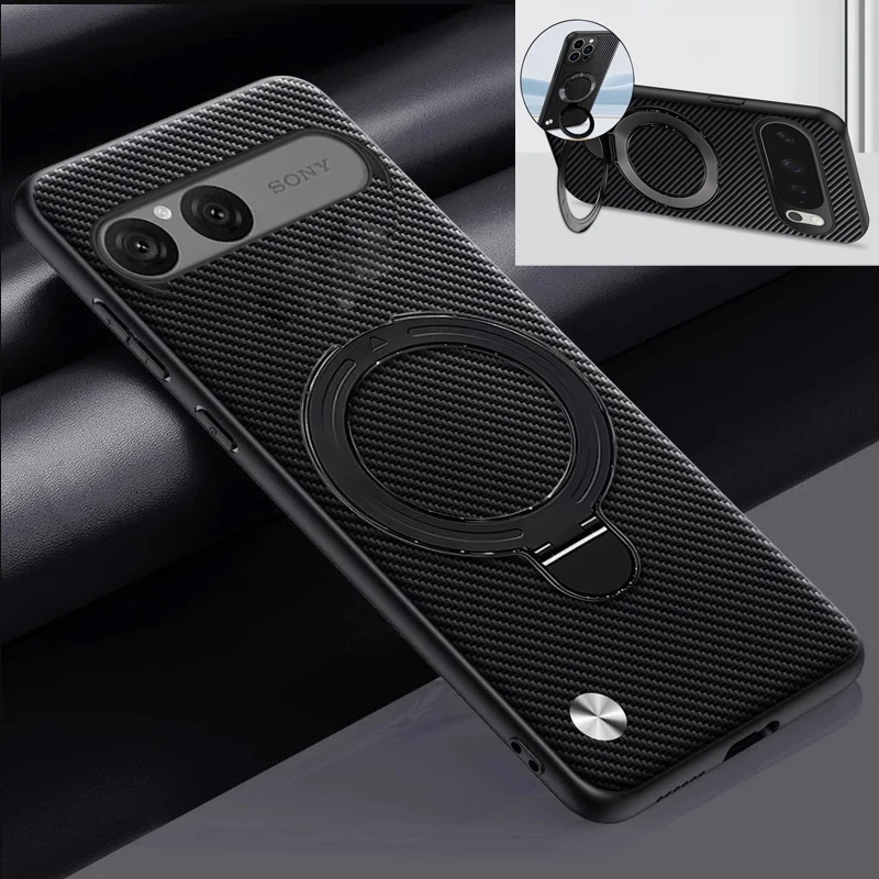 Para Sony Xperia 10 VII Funda de cuero PU de fibra de carbono con carga inalámbrica para Sony 10 V II soporte magnético cubierta a prueba de golpes