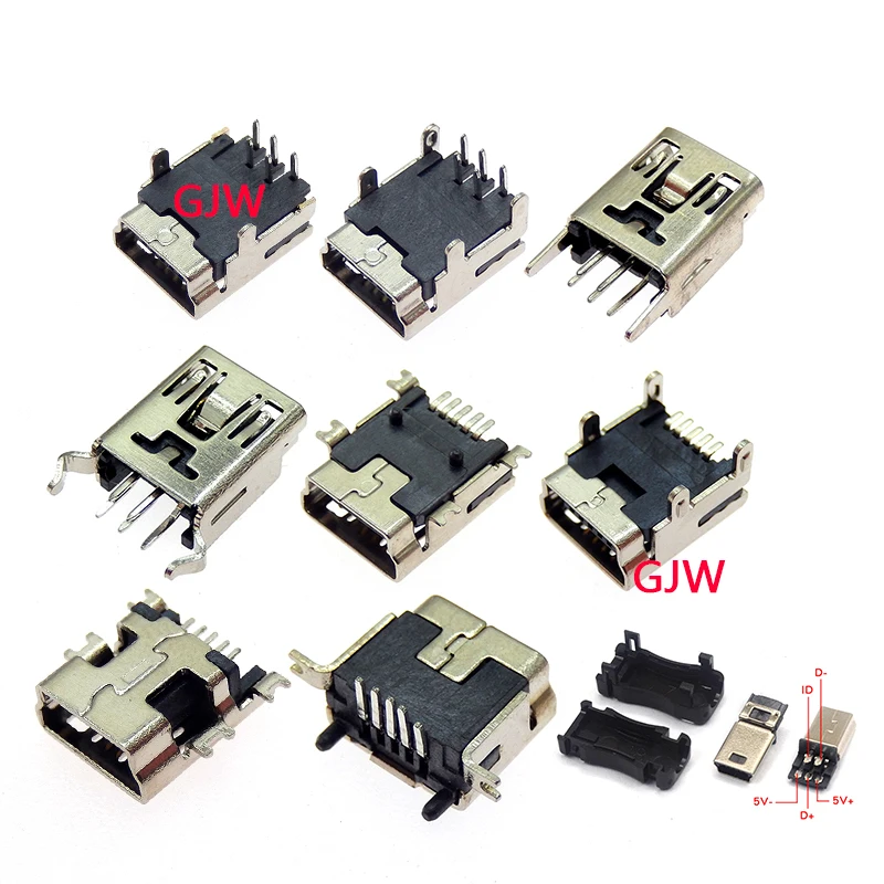 Mini conector USB tipo B, conector USB 2,0, 5 pines, SMT DIP, placa PCB, fregadero 1,7, conector hembra 2,0, 10 unidades, 9 tipos