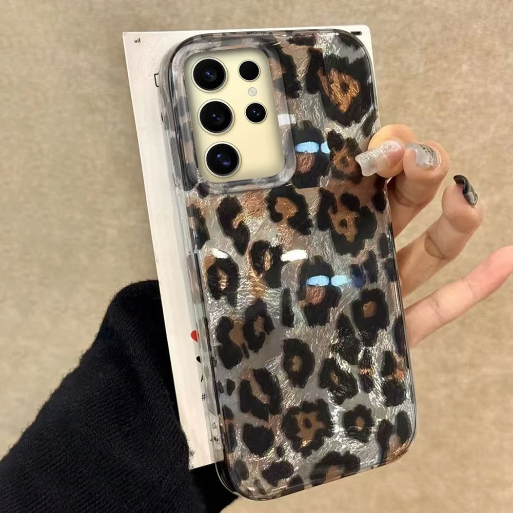  Funda de teléfono INS coreana con estampado de leopardo negro para mujer y niña, funda de tpu Ultra Shell para Samsung Galaxy S25 S24 S23 S22 S21 S20 FE Plus