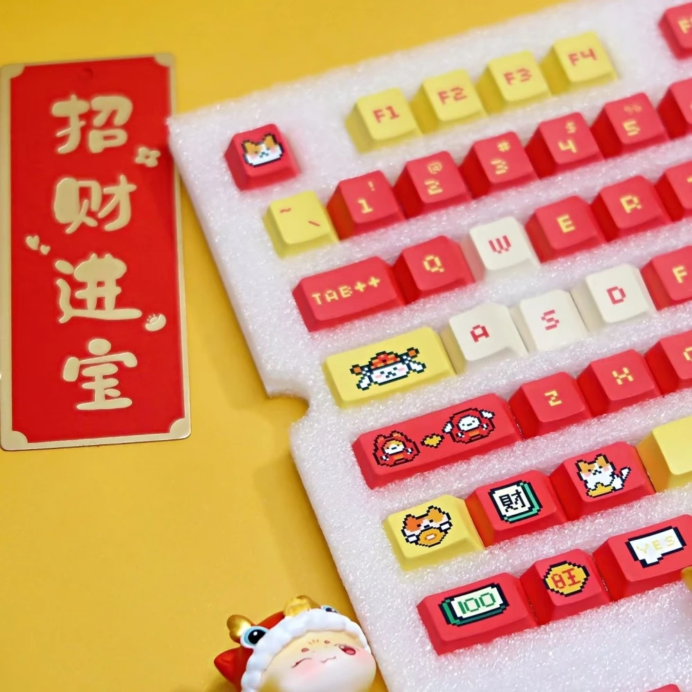 Teclas con tema de Año Nuevo Chino, perfil de cereza, subcama de tinte, 142 teclas, teclas alegres para interruptores Mx, Teclado mecánico