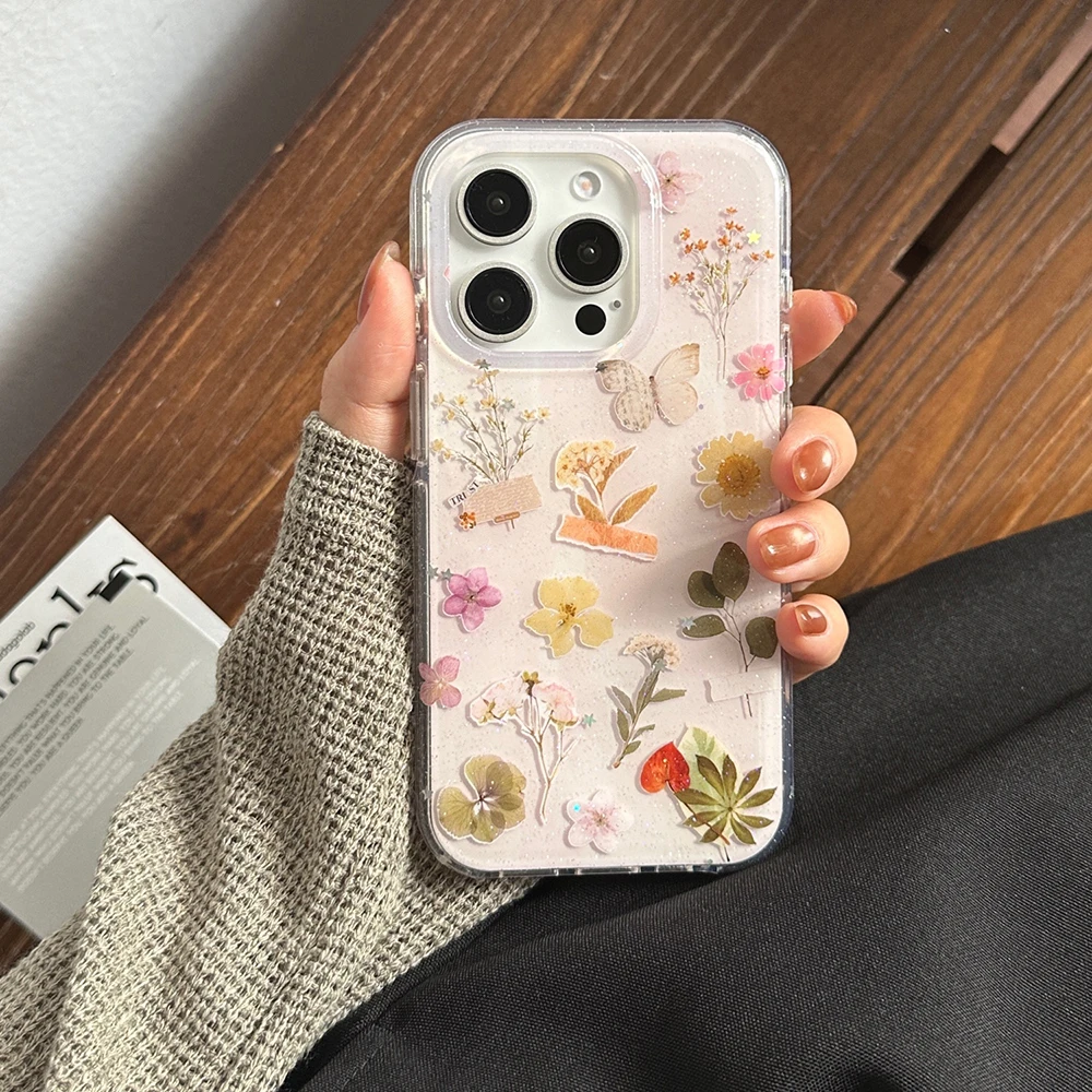Funda de teléfono con flores secas reales prensadas bonitas para IPhone 16 15 14 Pro Max 13, funda suave para teléfono para Iphone 15 Pro, funda a prueba de golpes - imagen 5