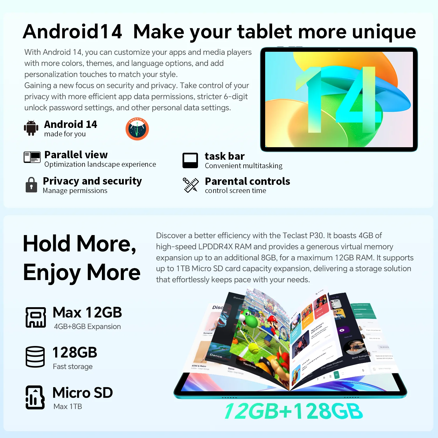 Teclast P30 Android 14 Tablet with 10.1" IPS Display, Max 12GB RAM, 128GB ROM, UNISOC T606 Octa-Core, Type-C, 3.5mm Jack, Widevine L1 - imagen 3