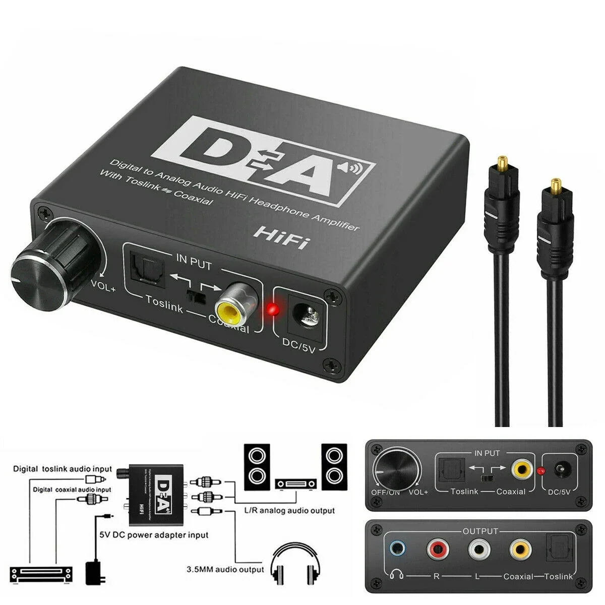 Convertidor de Audio DAC Hifi de 192KHz, Coaxial óptico Toslink Digital a analógico con Cable de fibra RCA, salida óptica para PS5 y Xbox