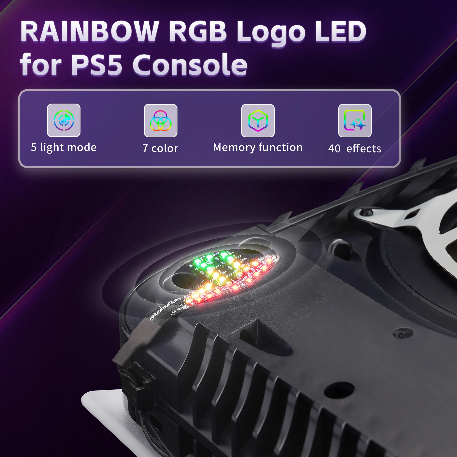 eXtremeRate para consola ps5 (serie 2020 CFI-1) Kit LED con logotipo RGB arcoíris, 40 efectos para disco PS5 y consola de edición digital - imagen 3