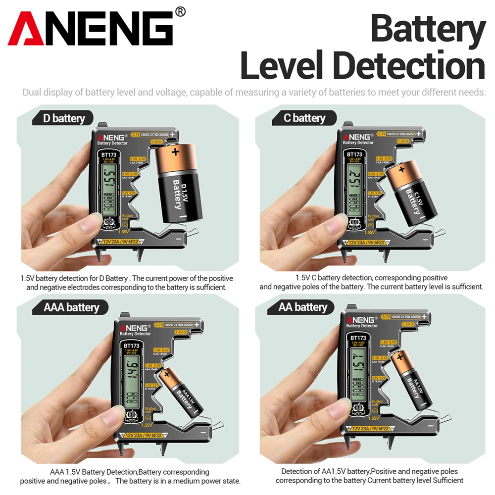 Probador de batería Universal ANENG BT173, Detector de batería, prueba C D AA AAA N 9V, medidor de botón de celda, herramientas de prueba de pantalla Visual - imagen 5