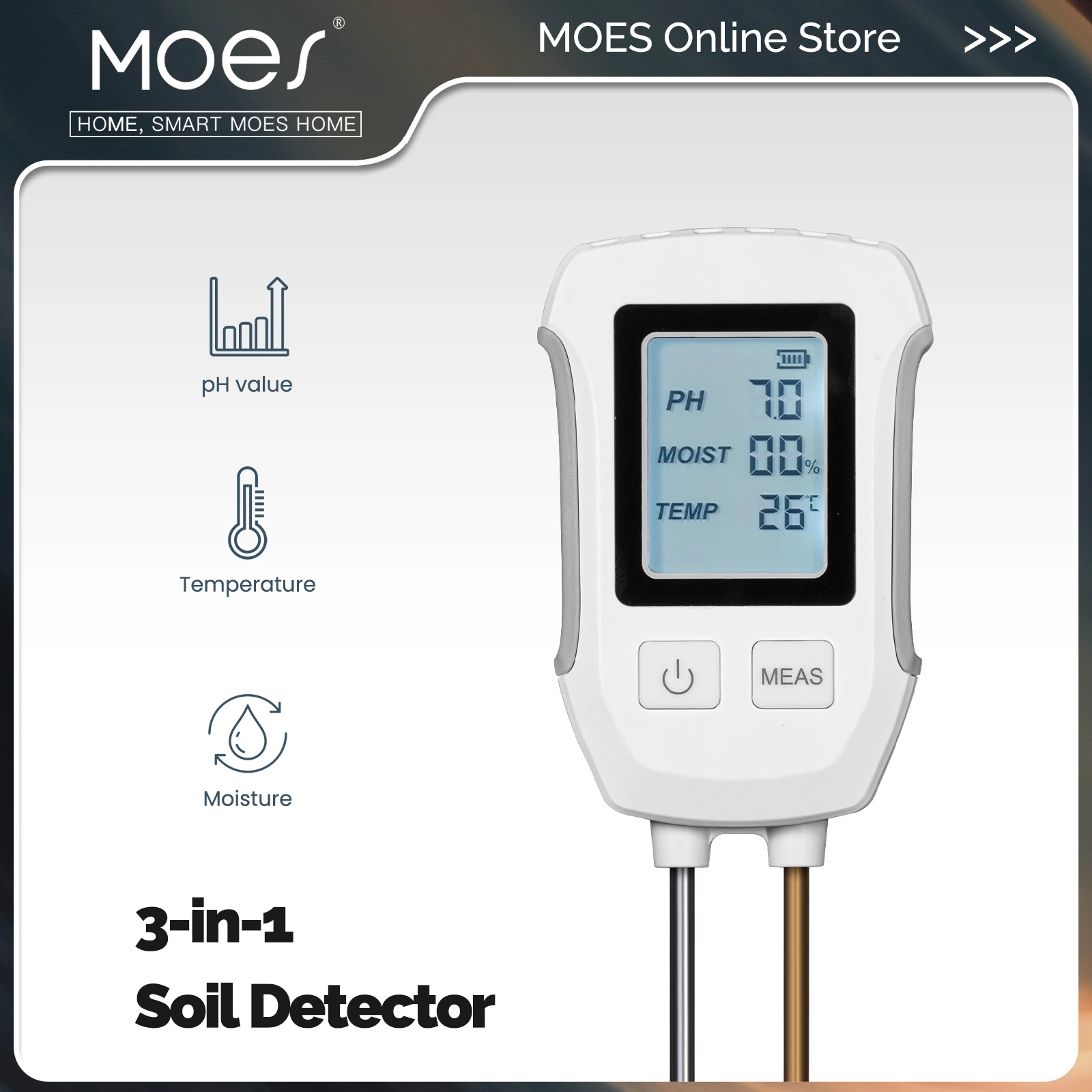 MOES-Detector de PH del suelo 3 en 1, termómetro con pantalla LCD, medidor de temperatura y humedad para jardinería, plantación en maceta de flores