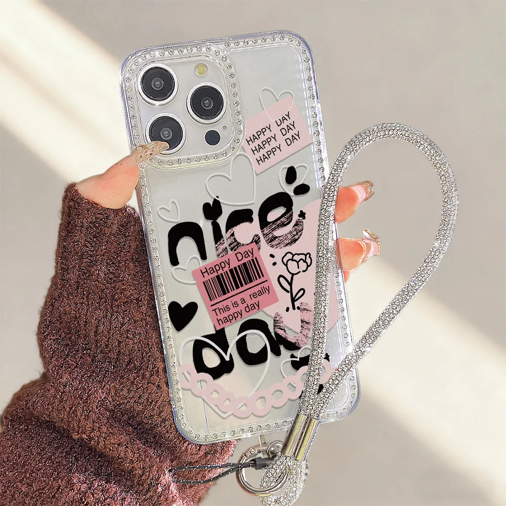 Glitter Bling teléfono cordón diamante Funda para iPhone 17 Funda iPhone 17 Air 16 Pro Max 15 14 13 12 11 Rosa amor claro suave cubierta - imagen 2