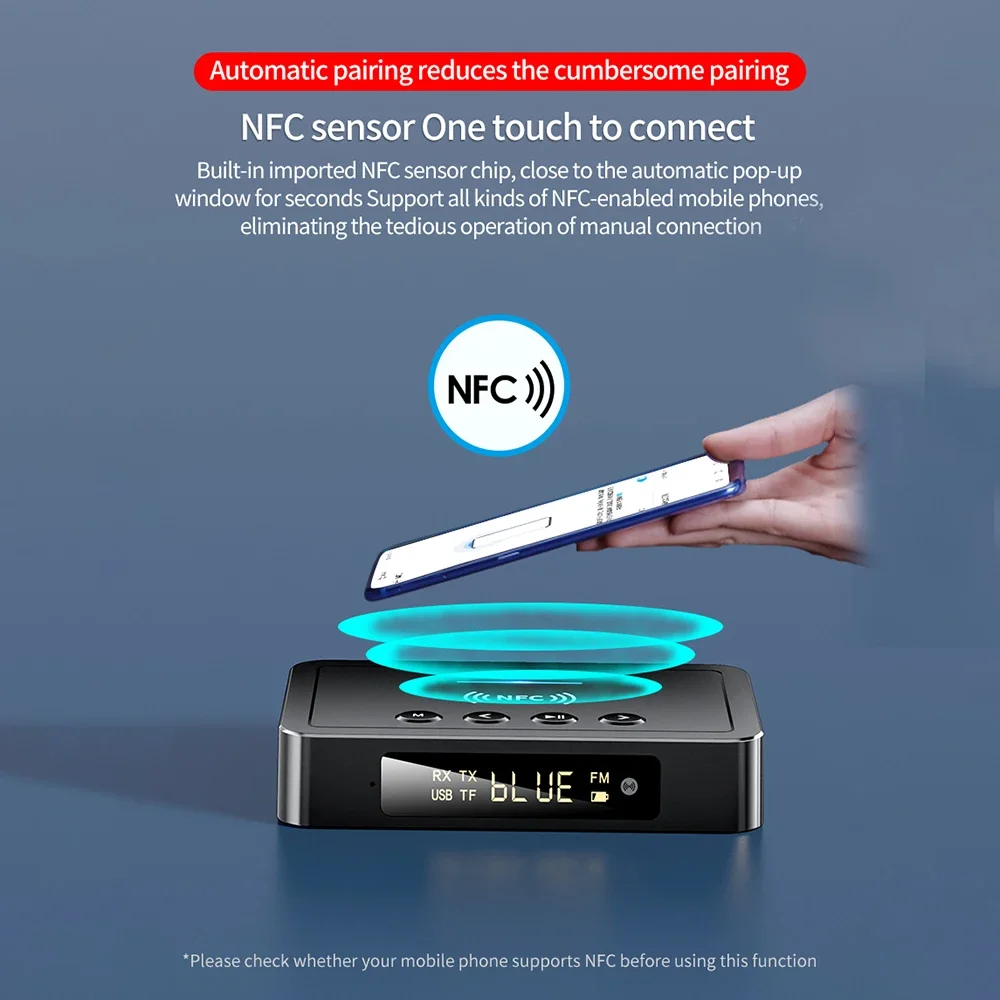 Transmisor receptor inalámbrico compatible con Bluetooth 5,0, adaptador NFC AUX 3,5 MM, Coaxial óptico TF/disco U, USB, FM, pantalla LED, micrófono HD - imagen 5
