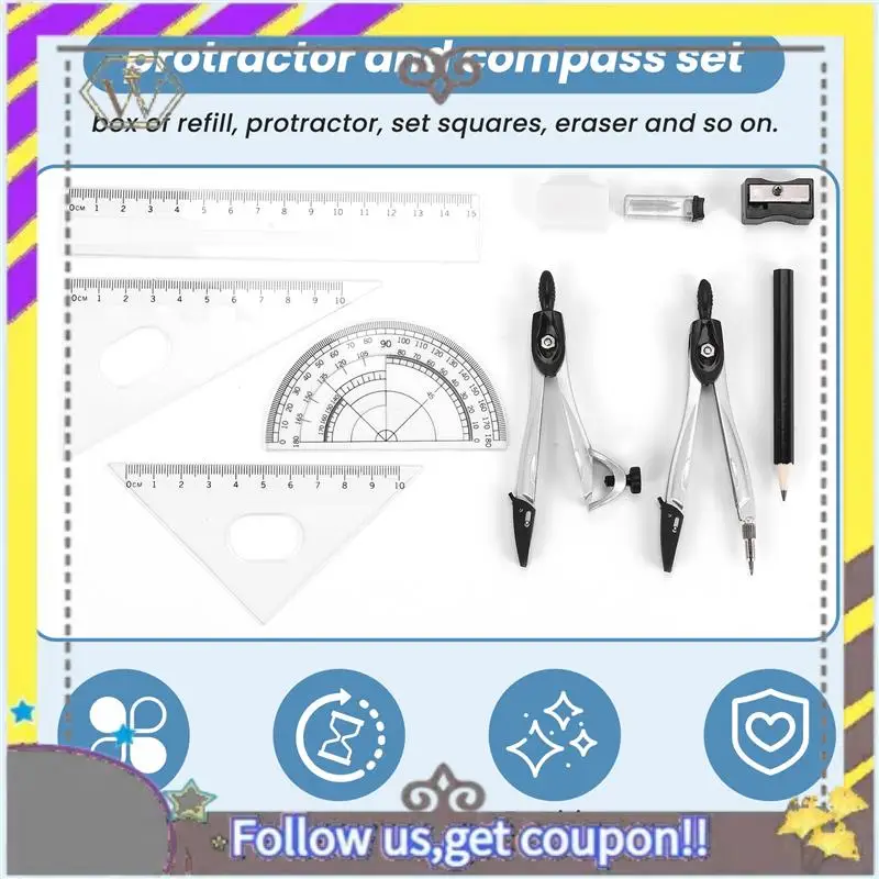 Nuevo juego de brújula geométrica, 10 Uds., transportador de matemáticas escolares, reglas para estudiantes de matemáticas y ingeniería en estuche de transporte - imagen 2