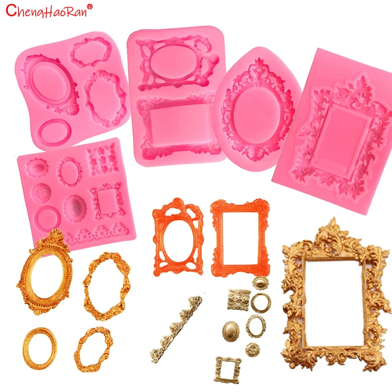 1 Juego de molde para Fondant, marco de fotos de desplazamiento de encaje, decoración de borde de pastel de caramelo de silicona, molde de resina para espejo de maquillaje de estilo barroco de Chocolate - imagen 2