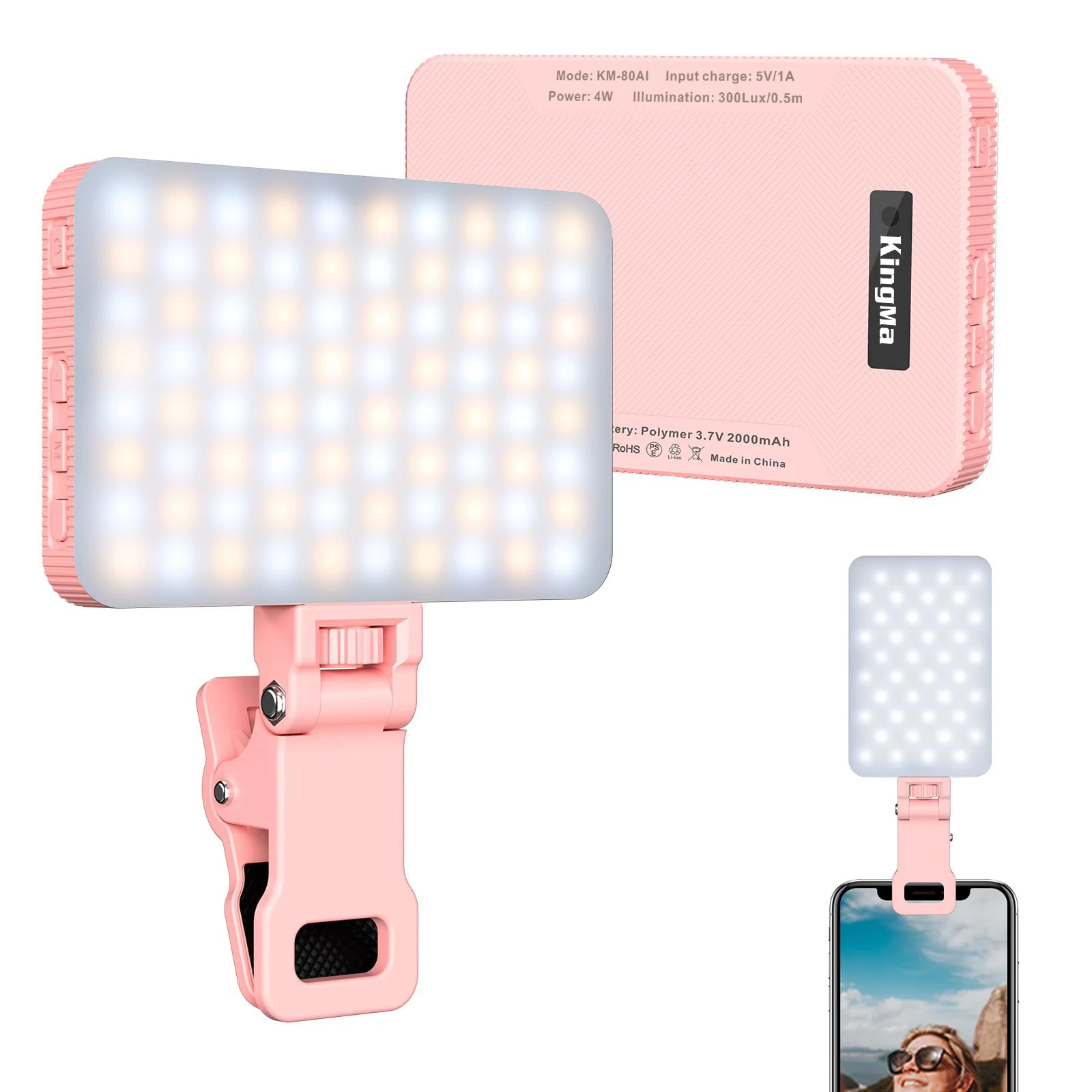 KingMa-luz LED para Selfie, 80 luces de vídeo recargables con Clip para teléfono, iPad, con Clip frontal y trasero, 3 modos de luz ajustados - imagen 2