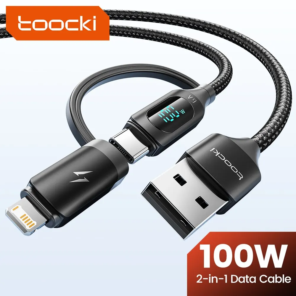 Toocki 2 en 1 Cable USB tipo C 100W Cable de iluminación de pantalla de carga rápida para iPhone 14 13 12 Macbook Huawei Xiaomi Samsung S23
