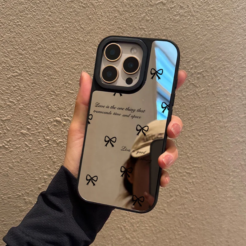 Funda para iPhone 11 12 13 14 15 16 Pro Max Plus Series Funda de teléfono con espejo de tpu transparente con patrón de lazo negro - imagen 2