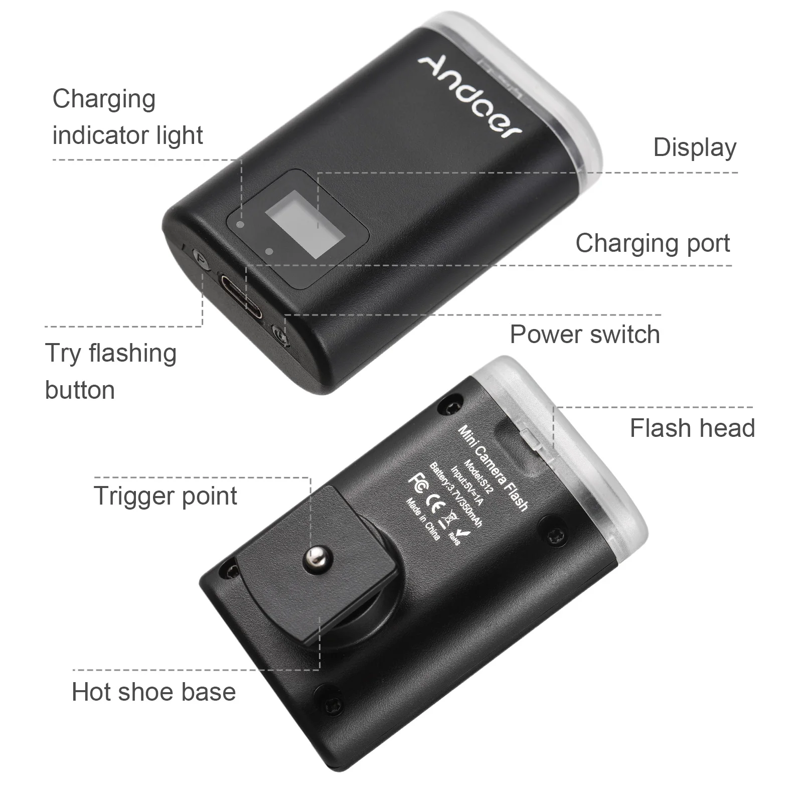 Andoer S12 Flash de cámara Universal GN12 luz de Flash en la cámara 5600K Speedlite 8 niveles brillo ajustable 1-7s tiempo de reciclaje - imagen 3