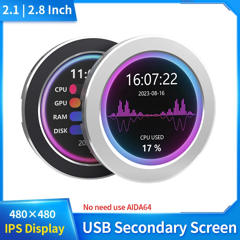 Pantalla de enfriador de agua USB de 2,8/2,1 pulgadas, pantalla secundaria de 480x480 con función de análisis de espectro de música, CPU, RAM, monitoreo de GPU - imagen 2