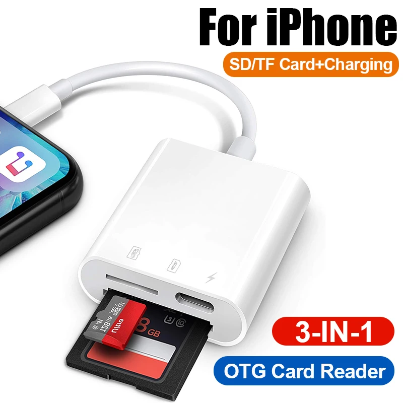 Adaptador de tarjeta de memoria para Apple iPhone, lector de tarjetas Lightning a SD con puertos de carga, visor de cámara para unidad Flash iPhone iPad - imagen 2
