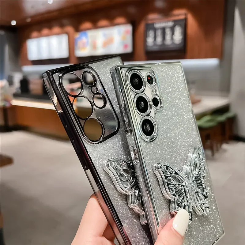 Soporte de teléfono de mariposa de lujo, funda chapada con purpurina para Samsung S24 Plus S23 FE S22 Note 20 Ultra S21 S20 S10 S9 Plus, cubierta trasera - imagen 5