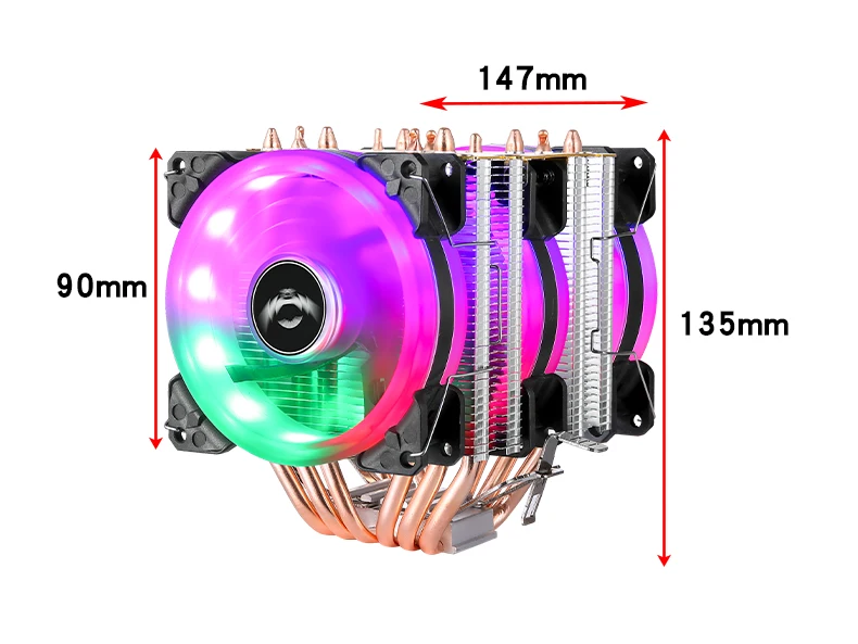 Un ventilador púrpura y verde con un tamaño de 120 mm