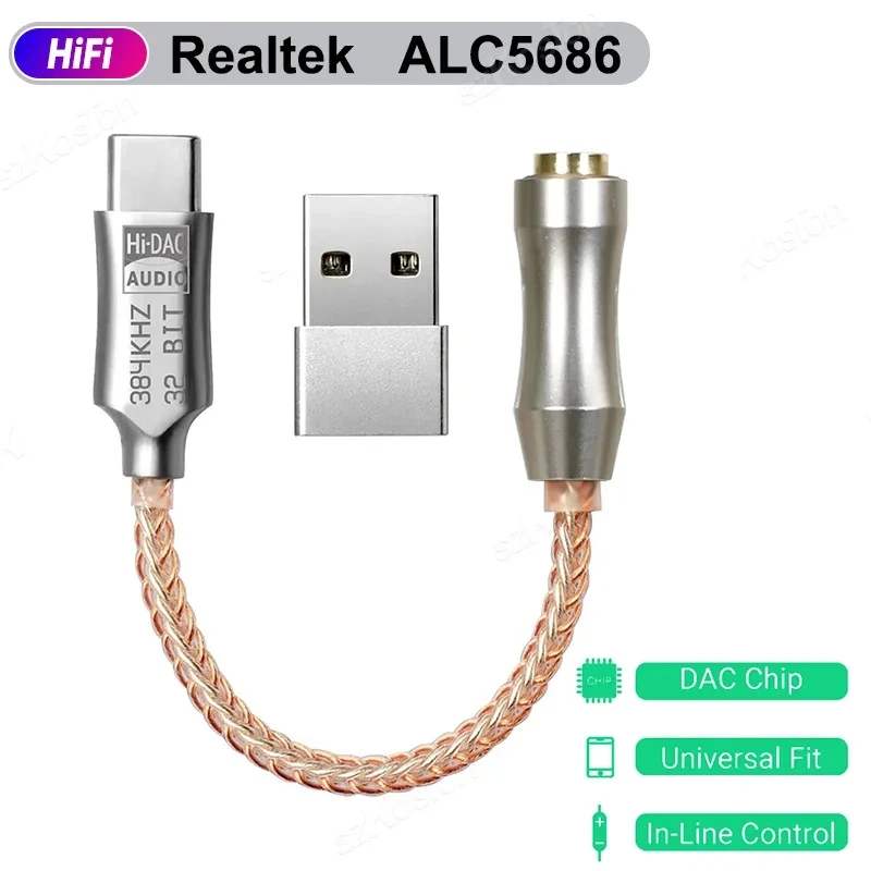USB tipo C a interfaz de Audio de 3,5mm ALC5686 HiFi DAC amplificador de auriculares decodificación de Audio Digital convertidor de auriculares Android - imagen 2