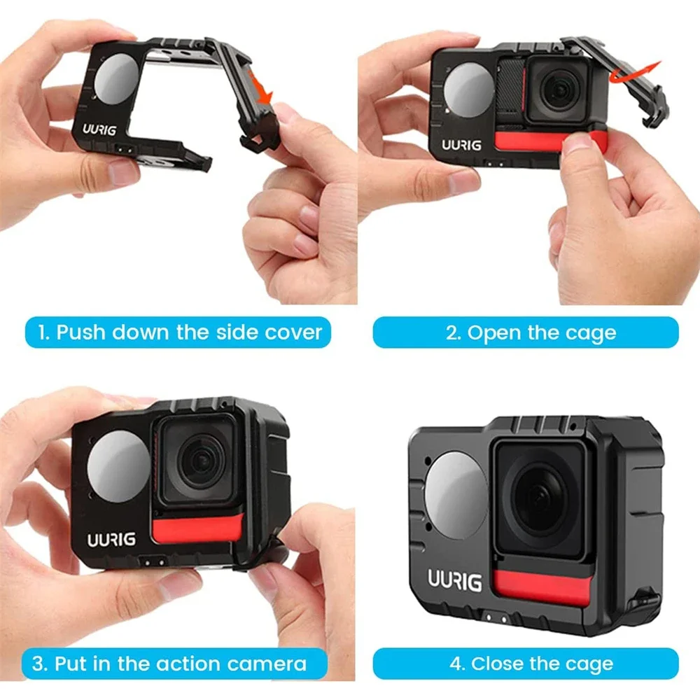 Jaula de montaje profesional para Insta360 One Rs 4X 1/4 "-20 hilos + zapatas frías duales, Base plegable y protección de lente, marco de conejo de aluminio