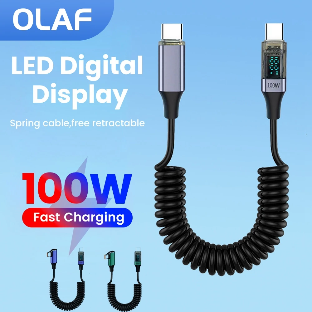 Cable de resorte retráctil para coche, dispositivo de carga rápida con pantalla Digital, PD, 100W, tipo C a tipo C, para iPhone 15, Xiaomi, Huawei