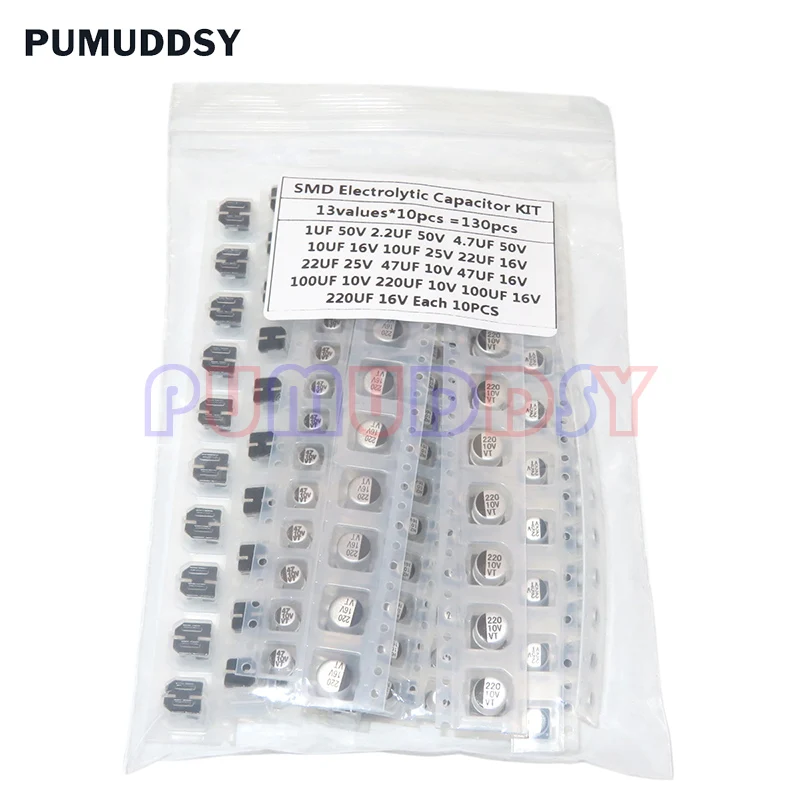 Kit surtido de condensadores electrolíticos de aluminio, Kit de muestras PUMUDDSY 13 valores * 10 Uds = 130 uds, 1uF-220uF SMD, 130 uds/lote