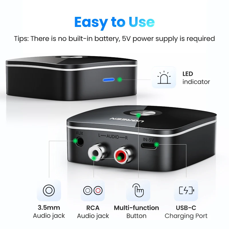 UGREEN Receptor Audio Bluetooth RCA AptX HD 3.5mm para TV y Coche - imagen 4
