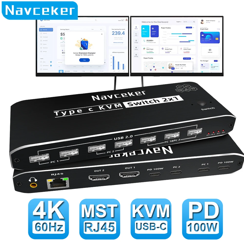 Navceker 2x2 4K 60Hz Thunderbolt 4 USB C KVM Switch Monitor dual RJ45 100W PD carga tipo C KVM Switcher para 2 portátiles 2 monitores - imagen 2